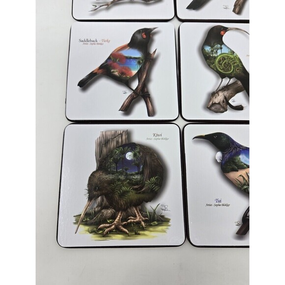 VINTAGE NEW ZEALAND BIRDS EYE VIEW COASTERS SET OF 6 SOPHIE BLOKKER ARTIST BOX - Picture 7 of 9
